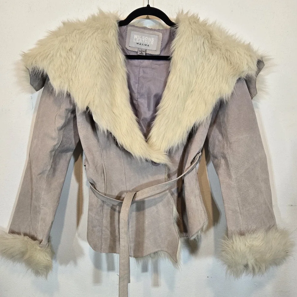 Wilson Leather Maxima Cream And Gray Jacket Suede with Faux Fur Festival